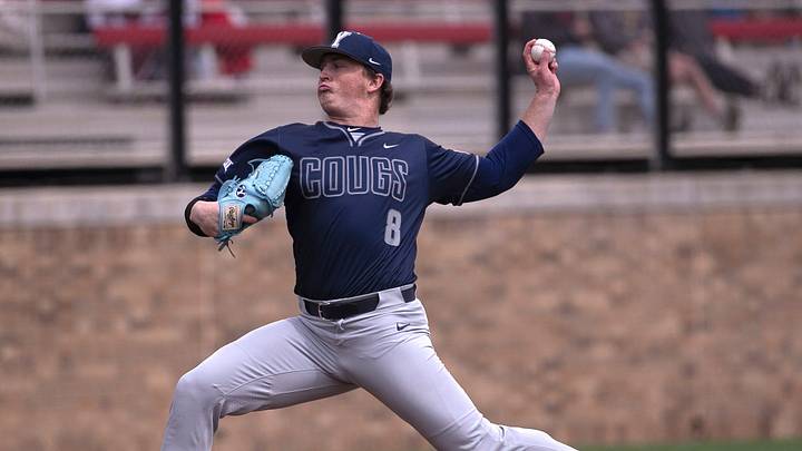 BYU's Cutter Clawson (8) pitches against Texas Tech in game three of their Big 12 baseball series, Saturday, March 23, 2024, at Rip Griffin Park. BYU's Cutter Clawson (8) pitches against Texas Tech in game three of their Big 12 baseball series, Saturday, March 23, 2024, at Rip Griffin Park.
