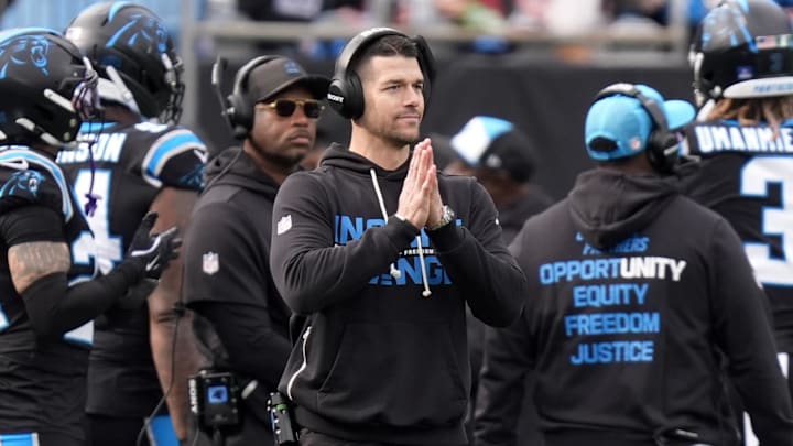 Dec 21, 2025; Charlotte, North Carolina, USA; Carolina Panthers head coach Dave Canales during the first half against the Tampa Bay Buccaneers at Bank of America Stadium. Mandatory Credit: Jim Dedmon-Imagn Images Dec 21, 2025; Charlotte, North Carolina, USA; Carolina Panthers head coach Dave Canales during the first half against the Tampa Bay Buccaneers at Bank of America Stadium. Mandatory Credit: Jim Dedmon-Imagn Images