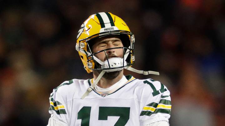 Green Bay Packers kicker Brandon McManus (17) reacts after missing a field goal late in the fourth quarter against the Bears.