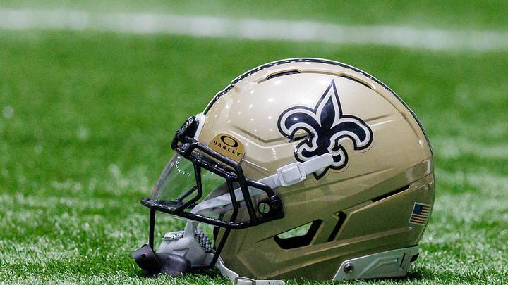 Aug 02, 2026; Metairie, LA, USA; Detailed view of the New Orleans Saints helmet during training camp at Ochsner Sports Performance Center. Mandatory Credit: Stephen Lew-Imagn Images Aug 02, 2026; Metairie, LA, USA; Detailed view of the New Orleans Saints helmet during training camp at Ochsner Sports Performance Center. Mandatory Credit: Stephen Lew-Imagn Images