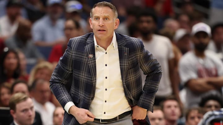 Mar 22, 2026; Tampa, FL, USA; Alabama Crimson Tide head coach Nate Oats looks on against the Texas Tech Red Raiders in the first half during a second round game of the men's 2026 NCAA Tournament at Benchmark International Arena. Mandatory Credit: Matt Pendleton-Imagn Images
