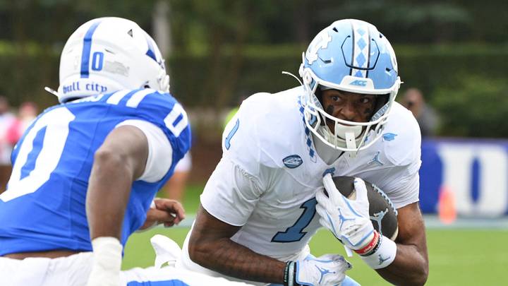 Oct 17, 2026; Durham, North Carolina, USA; North Carolina Tar Heels wide receiver Jordan Shipp (1) runs the ball against Duke Blue Devils cornerback Dylan Flowers (0) during the first quarter at Wallace Wade Stadium. Mandatory Credit: Zachary Taft-Imagn Images Oct 17, 2026; Durham, North Carolina, USA; North Carolina Tar Heels wide receiver Jordan Shipp (1) runs the ball against Duke Blue Devils cornerback Dylan Flowers (0) during the first quarter at Wallace Wade Stadium. Mandatory Credit: Zachary Taft-Imagn Images