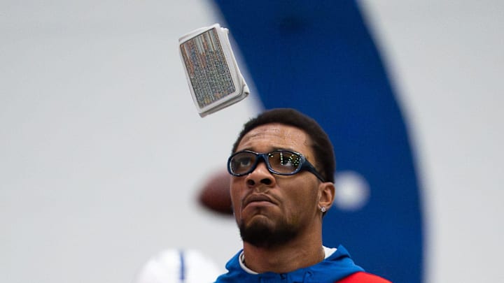 Indianapolis Colts quarterback Anthony Richardson Sr. tosses a wristband