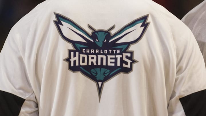 Oct 10, 2014; Greenville, SC, USA; The new Charlotte Hornets logo on the back of the warm ups prior to the game against the Washington Wizards at Bon Secours Wellness Arena. Mandatory Credit: Jeremy Brevard-Imagn Images