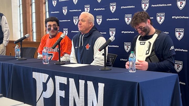 Michael Leo (Left), Gary Gait (Middle), and Jimmy McCool (Right), taking postgame media availability following an overtime with aginst the Penn Quakers.