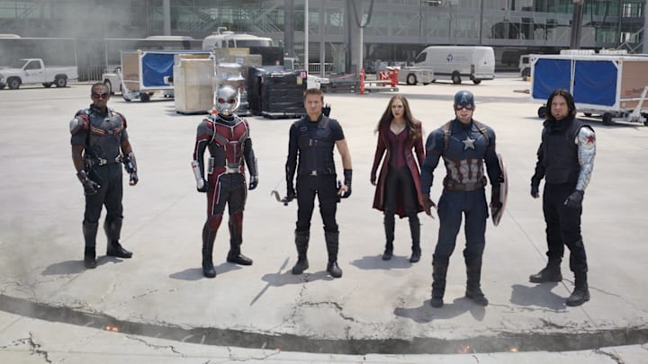 Marvel's Captain America: Civil War..L to R: Falcon/Sam Wilson (Anthony Mackie), Ant-Man/Scott Lang (Paul Rudd), Hawkeye/Clint Barton (Jeremy Renner), Scarlet Witch/Wanda Maximoff (Elizabeth Olsen), Captain America/Steve Rogers (Chris Evans), and Winter Soldier/Bucky Barnes (Sebastian Stan)..Photo Credit: Film Frame..© Marvel 2016