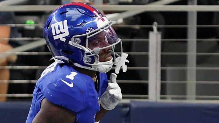 Sep 14, 2025; Arlington, Texas, USA; New York Giants wide receiver Malik Nabers (1) reacts after scoring a touchdown during the fourth quarter at AT&T Stadium. Sep 14, 2025; Arlington, Texas, USA; New York Giants wide receiver Malik Nabers (1) reacts after scoring a touchdown during the fourth quarter at AT&T Stadium.