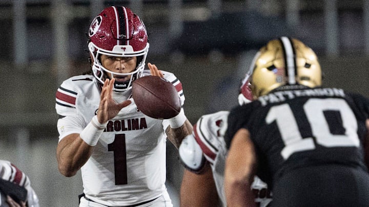 South Carolina Gamecocks quarterback Robby Ashford (1) takes the snap as he plays against Vanderbilt Commodores during the second half at FirstBank Stadium in Nashville, Tenn., Saturday, Nov. 9, 2024. South Carolina Gamecocks quarterback Robby Ashford (1) takes the snap as he plays against Vanderbilt Commodores during the second half at FirstBank Stadium in Nashville, Tenn., Saturday, Nov. 9, 2024.