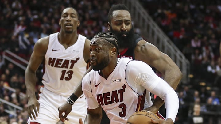 Feb 28, 2019; Houston, TX, USA; Houston Rockets guard James Harden (13) strips the ball from Miami Heat guard Dwyane Wade (3) during the fourth quarter at Toyota Center. Mandatory Credit: Troy Taormina-Imagn Images Feb 28, 2019; Houston, TX, USA; Houston Rockets guard James Harden (13) strips the ball from Miami Heat guard Dwyane Wade (3) during the fourth quarter at Toyota Center. Mandatory Credit: Troy Taormina-Imagn Images