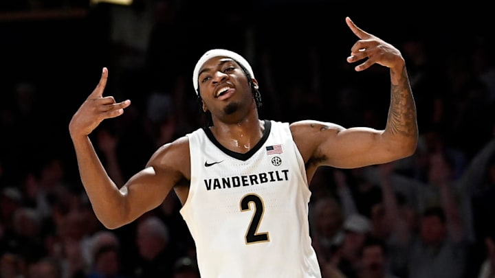 Vanderbilt guard M.J. Collins Jr. (2) celebrates after making 3-point basket against Texas during an NCAA college basketball game Saturday, Feb. 8, 2025, in Nashville, Tenn.