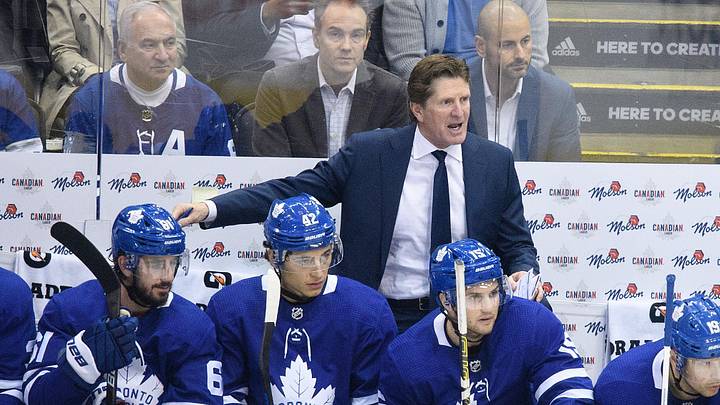 Oct 7, 2019; Toronto, Ontario, CAN; Toronto Maple Leafs head coach Mike Babcock watches the action during the first period against the St. Louis Blues at Scotiabank Arena. Mandatory Credit: Nick Turchiaro-Imagn Images