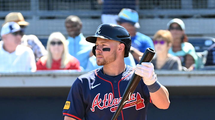 Feb 24, 2024; Port Charlotte, Florida, USA; Atlanta Braves left fielder Jarred Kelenic (24) prepares