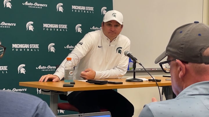 Michigan State head coach Jonathan Smith talks after a 38-13 loss to the Indiana Hoosiers in Bloomington, Ind.
