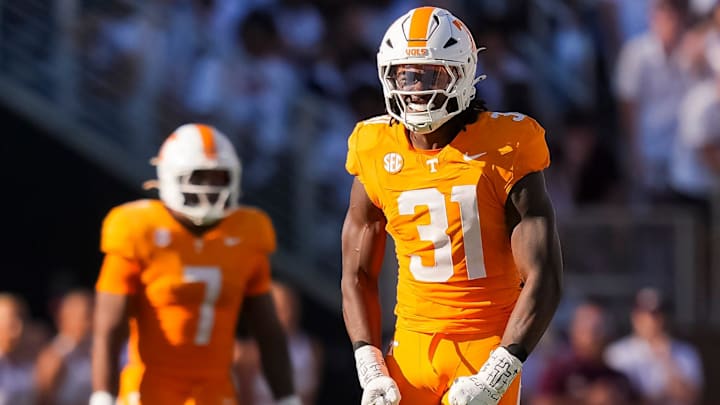 Tennessee defensive lineman Caleb Herring (31) flexes after making a play during a college football game between Tennessee and Mississippi State at Davis Wade Stadium in Starkville, Miss., on Sept. 27, 2025.