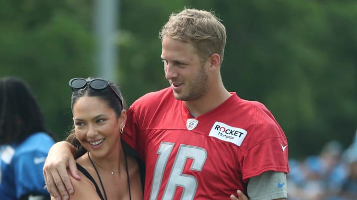 Lions quarterback Jared Goff and his fiancee, Christen Harper, on the field at the end of training camp on Wednesday, Aug. 02, 2023, in Allen Park.