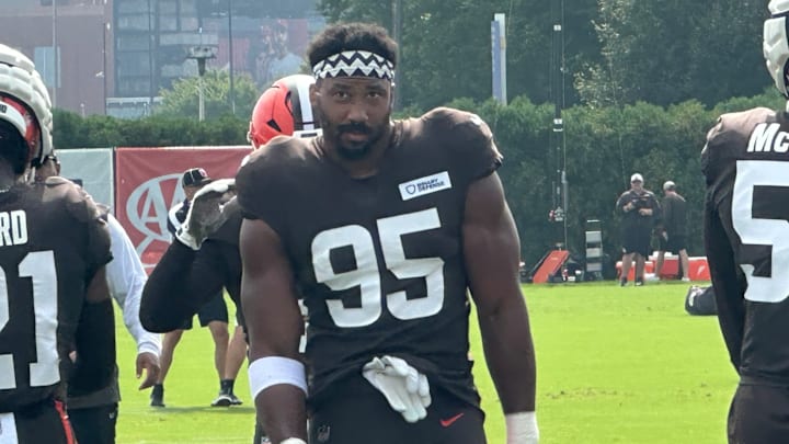 Myles Garrett prepares for practice against the Eagles on Aug. 13, 2025