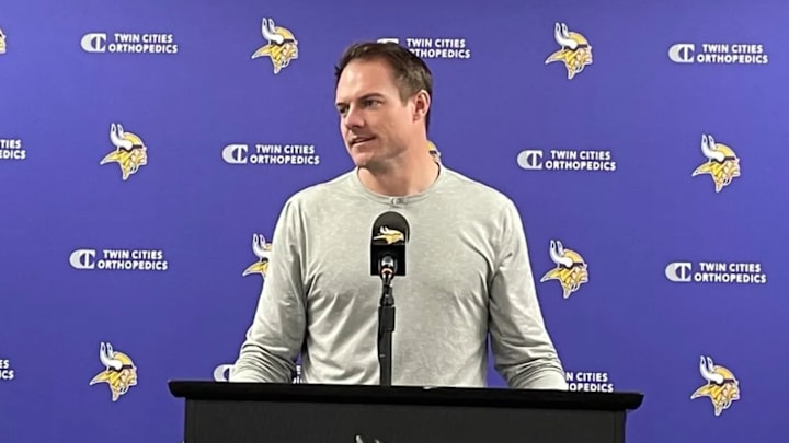 Kevin O'Connell speaking at the end-of-season press conference on Jan. 16, 2025. 