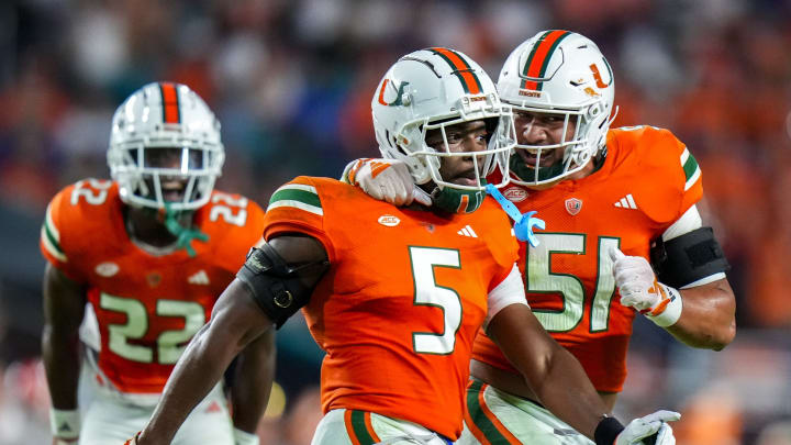 Miami Hurricanes safety Kamren Kinchens (5) after an interception against Clemson 