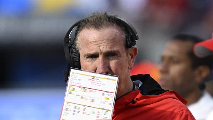 Jan 7, 2024; Inglewood, California, USA; Kansas City Chiefs defensive coordinator Steve Spagnuolo looks on during the first half against the Los Angeles Chargers at SoFi Stadium. Mandatory Credit: Orlando Ramirez-Imagn Images
