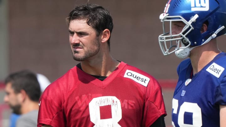 East Rutherford, NJ -- August 1, 2024 -- Quarterback Daniel Jones during practice today at training camp for the New York Giants. East Rutherford, NJ -- August 1, 2024 -- Quarterback Daniel Jones during practice today at training camp for the New York Giants.