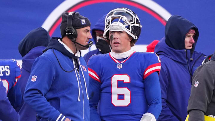  New York Giants quarterback Jaxson Dart (6) and interim head coach Mike Kafka will look to snap the tam's eight-game losing streak at home this Sunday against the Vikings. 
