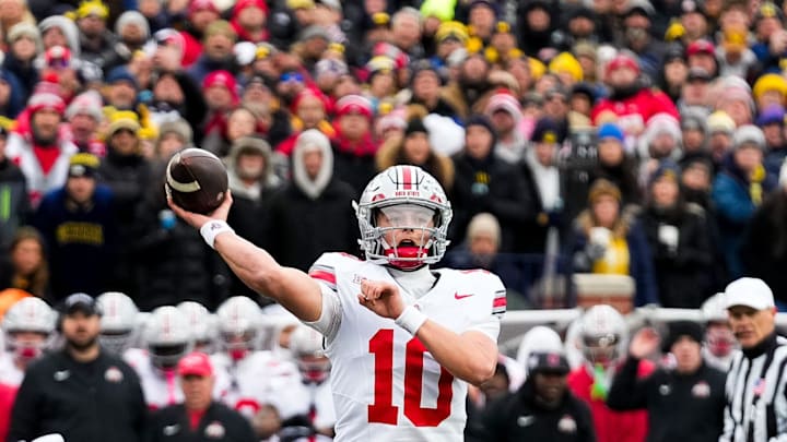 Ohio State Buckeyes quarterback Julian Sayin (10) makes a pass against the Michigan Wolverines in the first half of the NCAA football game at Michigan Stadium on Saturday, Nov. 29, 2025 in Ann Arbor, Michigan.