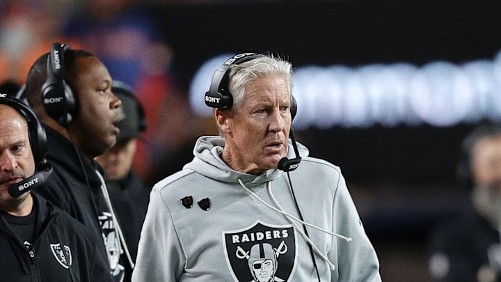 Nov 6, 2025; Denver, Colorado, USA; Las Vegas Raiders head coach Pete Carroll during the first half at Empower Field at Mile High. Mandatory Credit: Isaiah J. Downing-Imagn Images