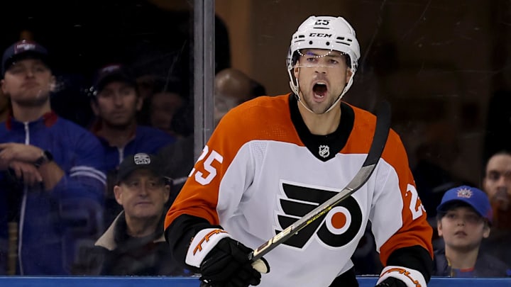Mar 26, 2024; New York, New York, USA; Philadelphia Flyers center Ryan Poehling (25) celebrates his