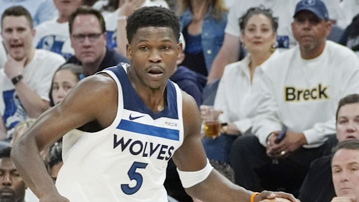 May 6, 2025; Minneapolis, Minnesota, USA; Minnesota Timberwolves guard Anthony Edwards (5) drives to the baseline against the Golden State Warriors in the first quarter during game one of the second round for the 2025 NBA Playoffs at Target Center. Mandatory Credit: Bruce Kluckhohn-Imagn Images