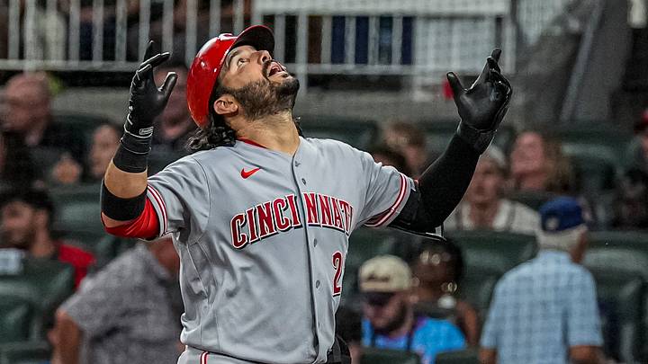 Sep 22, 2026; Cumberland, Georgia, USA; Cincinnati Reds third baseman Eugenio Suarez (28) reacts after hitting a home run against the Atlanta Braves during the eighth inning at Truist Park. Mandatory Credit: Dale Zanine-Imagn Images