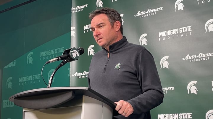 Michigan State head coach Jonathan Smith listens to a question being asked during a press conference on Nov. 10, 2025.