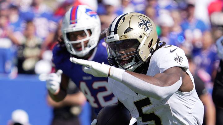 New Orleans Saints running back Kendre Miller finds an opening to run through during first half action of the Bills home game against the New Orleans Saints in Orchard Park on Sept. 28, 2025.
