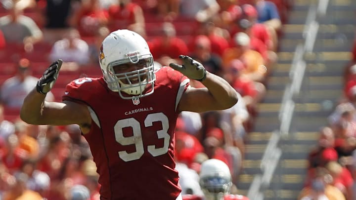 Sep 29, 2013; Tampa, FL, USA; Arizona Cardinals defensive end Calais Campbell (93) and cornerback Patrick Peterson (21) reacts against the Tampa Bay Buccaneers during the second half at Raymond James Stadium. Arizona Cardinals defeated the Tampa Bay Buccaneers 13-10. Mandatory Credit: Kim Klement-Imagn Images