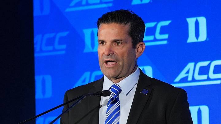 Jul 17, 2026; Charlotte, NC, USA; Duke head coach Manny Diaz talks with the media during interviews at Hilton Charlotte Uptown. Mandatory Credit: Jim Dedmon-Imagn Images