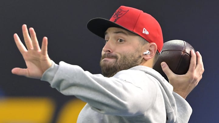 Dec 15, 2024; Inglewood, California, USA;  Tampa Bay Buccaneers quarterback Baker Mayfield (6) warms up prior to the game against the Los Angeles Chargers at SoFi Stadium. Mandatory Credit: Jayne Kamin-Oncea-Imagn Images