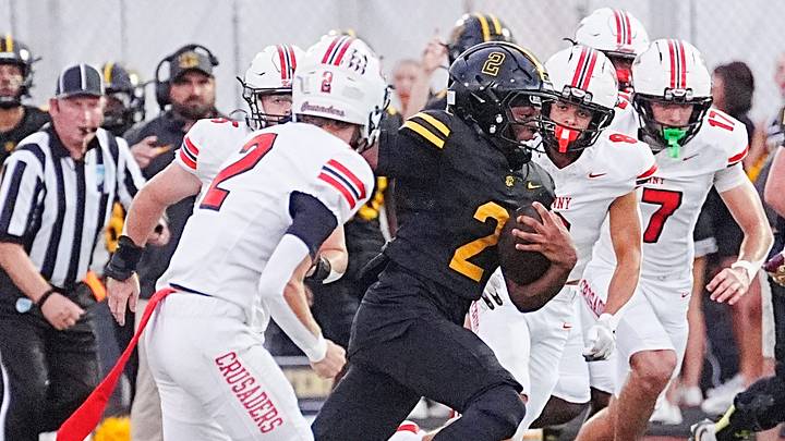 Zaylan Chapple of Merritt Island outruns a host of Bishop Kenny defenders during their game on Sept. 18, 2026. Last week, he rushed nine times for 117 yards and two touchdowns to help the Mustangs shut out Rockledge, 49-0. Zaylan Chapple of Merritt Island outruns a host of Bishop Kenny defenders during their game on Sept. 18, 2026. Last week, he rushed nine times for 117 yards and two touchdowns to help the Mustangs shut out Rockledge, 49-0.
