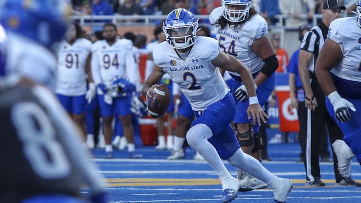 Oct 7, 2023; Boise, Idaho, USA; San Jose State Spartans quarterback Chevan Cordeiro (2) during the