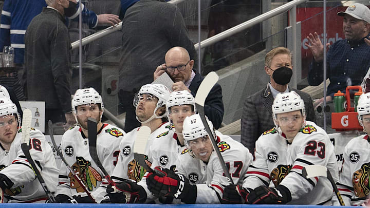 Dec 11, 2021; Toronto, Ontario, CAN; Chicago Blackhawks interim head coach Derek King watches the