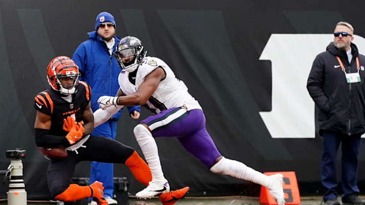 Jan 8, 2023; Cincinnati, Ohio, USA; Cincinnati Bengals wide receiver Ja'Marr Chase (1) is unable to collect a pass in the end zone as Baltimore Ravens cornerback Daryl Worley (41) defends in the third quarter during a game at Paycor Stadium. The Cincinnati Bengals won, 27-16. Mandatory Credit: Kareem Elgazzar-Imagn Images