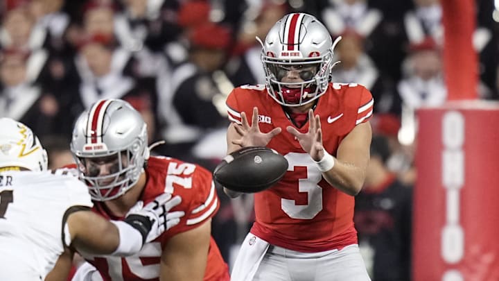 Sep 7, 2024; Columbus, Ohio, USA;  Ohio State Buckeyes quarterback Lincoln Kienholz (3) takes a snap against the Western Michigan Broncos during the second half at Ohio Stadium. 