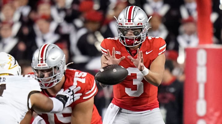 Sep 7, 2024; Columbus, Ohio, USA; Ohio State Buckeyes quarterback Lincoln Kienholz (3) takes a snap during the second half of the NCAA football game against the Western Michigan Broncos at Ohio Stadium.
