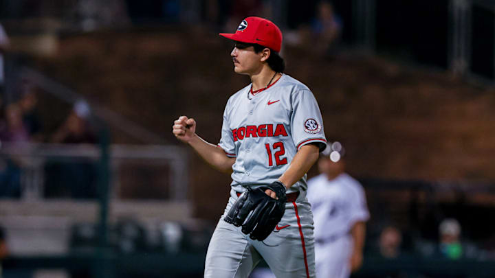 Georgia pitcher Caden Aoki (12) during Georgia’s game against Texas A&M at Blue Bell Park in College Station, Tx., on Friday, March 20, 2026. (Conor Dillon/UGAAA)