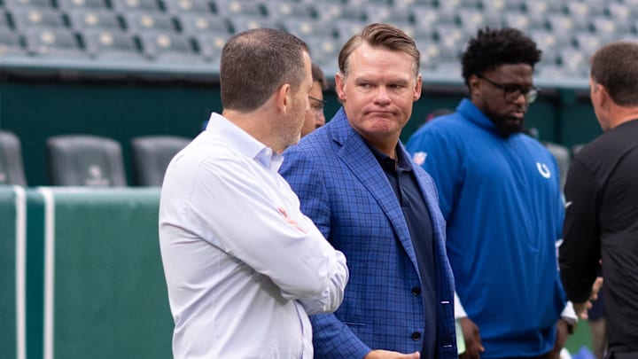Aug 24, 2023; Philadelphia, Pennsylvania, USA; Indianapolis Colts general manager Chris Ballard (R)