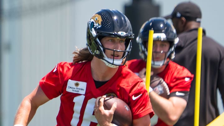 Jacksonville Jaguars quarterback Trevor Lawrence (16) runs a drill during the fourth organized team activity at the Miller Electric Center in Jacksonville, Fla. Tuesday, May 27, 2025. [Doug Engle/Florida Times-Union]