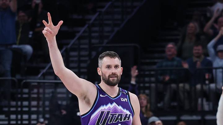 Dec 20, 2025; Salt Lake City, Utah, USA; Utah Jazz forward Kevin Love (42) reacts after a play against the Orlando Magic during overtime at Delta Center. Mandatory Credit: Rob Gray-Imagn Images