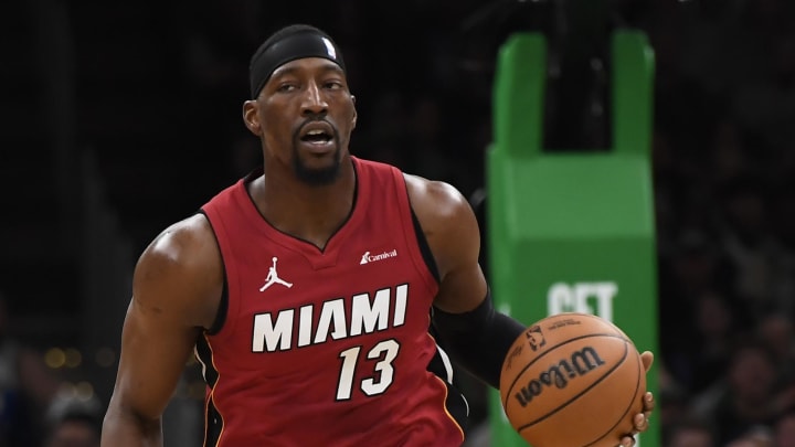 Apr 21, 2024; Boston, Massachusetts, USA; Miami Heat center Bam Adebayo (13) controls the ball during the first half in game one of the first round for the 2024 NBA playoffs against the Boston Celtics at TD Garden. Mandatory Credit: Bob DeChiara-USA TODAY Sports