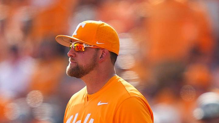 Tennessee baseball coach Josh Elander walks to the pitchers mound during a NCAA baseball game between Tennessee and Ole Miss at Lindsey Nelson Stadium on April 18, 2026.