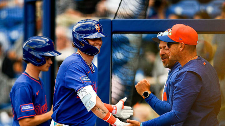 The New York Mets' Carson Benge heads to the dugout after hitting a home run against Israel in a spring training game, March 4, 2026, at Clover Park in Port St. Lucie. Mets won 5-2.