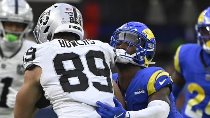 Oct 20, 2024; Inglewood, California, USA; Los Angeles Rams safety Kamren Curl (3) tries to stop Las Vegas Raiders tight end Brock Bowers (89) after a short gain during the third quarter at SoFi Stadium. Mandatory Credit: Robert Hanashiro-Imagn Images Oct 20, 2024; Inglewood, California, USA; Los Angeles Rams safety Kamren Curl (3) tries to stop Las Vegas Raiders tight end Brock Bowers (89) after a short gain during the third quarter at SoFi Stadium. Mandatory Credit: Robert Hanashiro-Imagn Images
