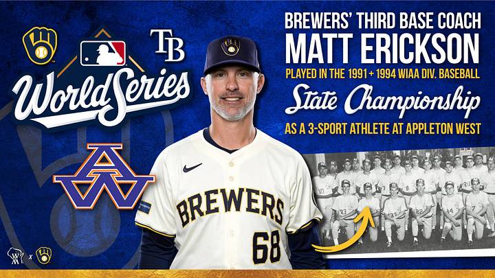 Former Appleton West baseball standout Matt Erickson served as third base coach for the 2026 World Series Champion Milwaukee Brewers. Former Appleton West baseball standout Matt Erickson served as third base coach for the 2026 World Series Champion Milwaukee Brewers.